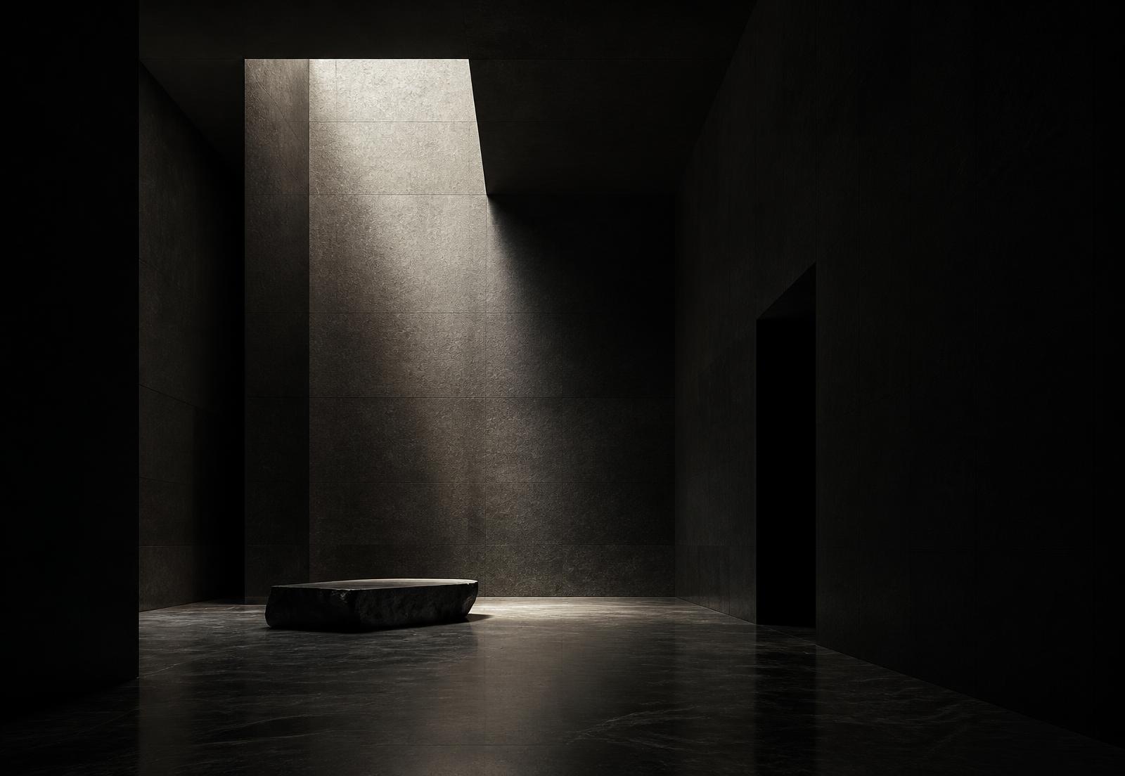 Minimal dark stone architecture lit by a single shaft of light