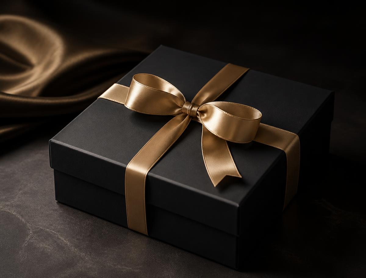 Matte black luxury packaging finished with a champagne gold ribbon